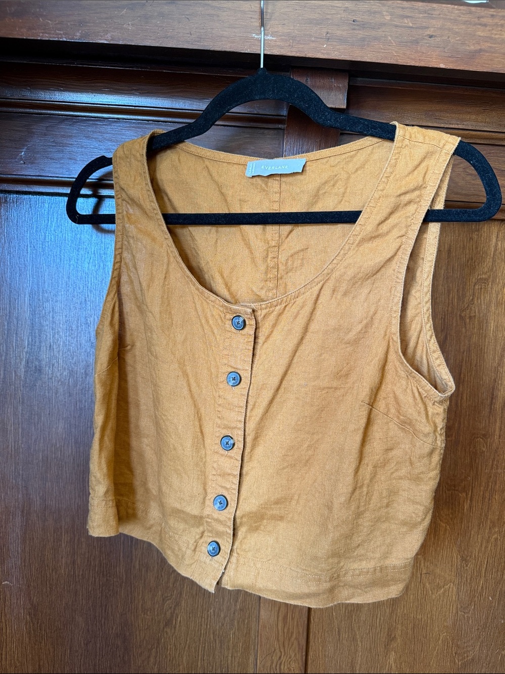Everlane Mustard Linen Button-Front Crop Tank